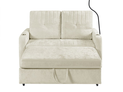 Modern Loveseat Pull Out Sofa Bed With Adjustable Backrest, Two Cup Holders, A Phone Holder, Three Charging Ports And Side Storage Pockets For Living Room