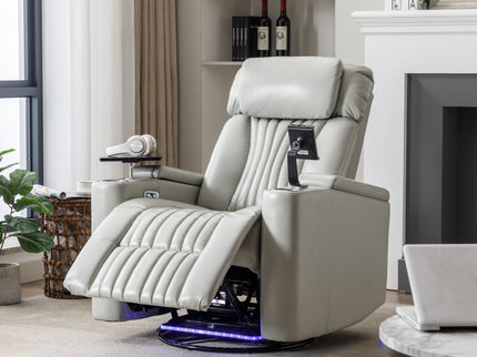 270° Power Swivel Recliner Home Theater Chair With Hidden Arm Storage, LED Light, Cup Holder, And Tray Table