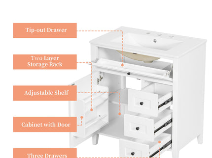 Bathroom Vanity With Sink, 3 Drawers And Adjustable Shelf