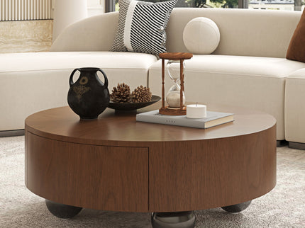 Drum Shaped Coffee Table With Hidden Storage Drawer, Low Profile For Living Room - Walnut