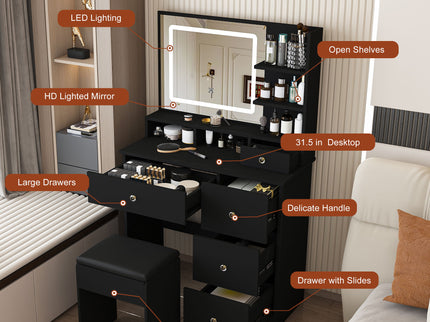 Vanity Desk With Mirror, 3 Color Lighting And Stool