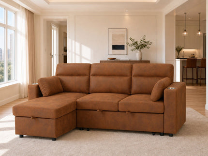 Convertible L - Shaped Sectional Sofa Bed With Storage Chaise, Cup Holders