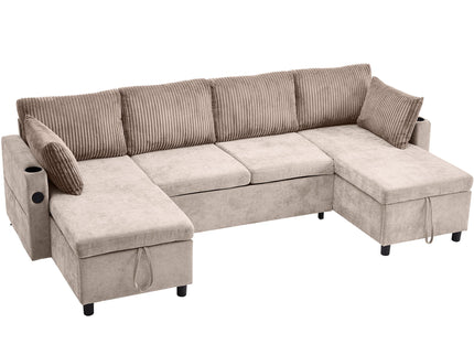 Sectional Sofa Bed With Pull Out Sleeper, USB Ports, Cup Holders