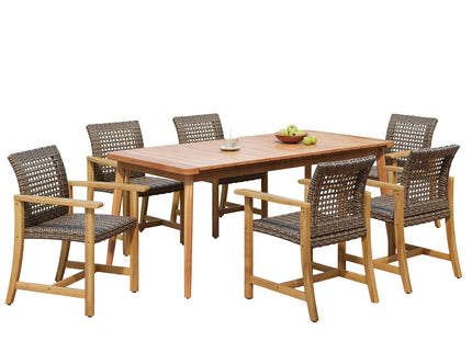 7 Piece Patio Dining Set, Slatted Table & 6 Chairs For Patio Garden - Mocha / Teak