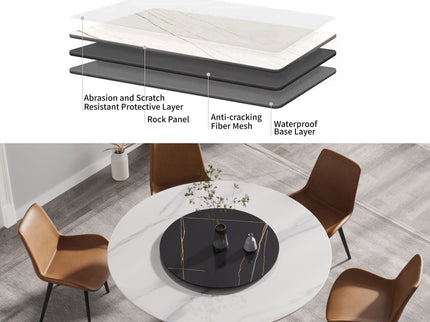 Modern Artificial Stone Round Carbon Steel Base Dining Table, Can Accommodate 6 People, Artificial Stone Turntable