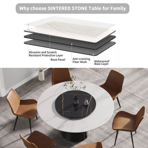 Modern Artificial Stone Round Carbon Steel Base Dining Table, Can Accommodate 6 People, Artificial Stone Turntable
