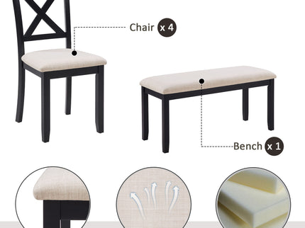 6 Piece Dining Table Set With Bench - Beige / Black / Oak