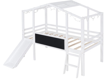 Loft House Bed With Ladder And Slide, With board And Light Strip On The Roof