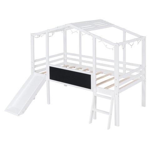 Loft House Bed With Ladder And Slide, With board And Light Strip On The Roof