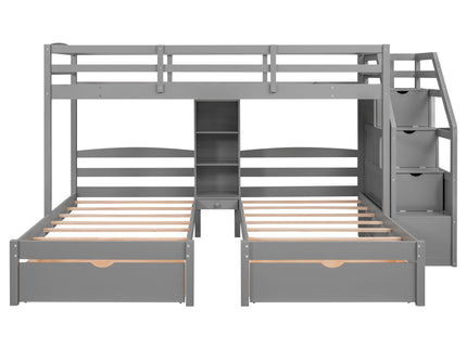 Twin Over Twin & Twin Bunk Bed With Drawers, Staircase Storage, Built In Shelves - Gray
