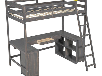 Loft Bed With U-Shaped Desk, Drawers, And Storage Shelves
