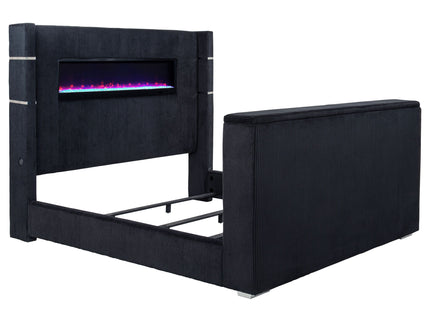 Judah - Eastern King Wingback TV Bed With Motorized Lift And Flame Visualizer - Black