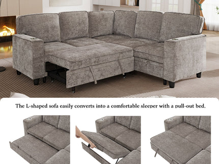 L-Shaped Sofa With Pull Out Sofa Bed With USB
