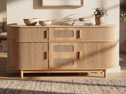 Fluted Sideboard Buffet Cabinet With Sliding Doors And Adjustable Shelves