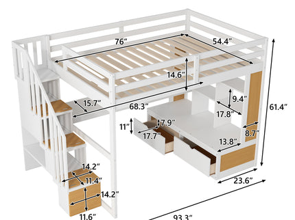 Full Size Loft Bed With Desk And Shelves, 2 Built In Drawers, Storage Staircase - Natural / White