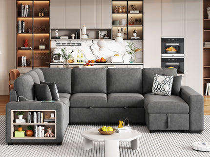 U-Shaped Sectional Sofa Pull-Out Sofa Bed With Two USB Ports, A Storage Chaise Lounge And Four Back Pillows For Living Room