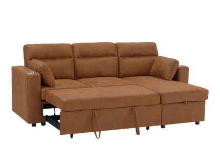Convertible L - Shaped Sectional Sofa Bed With Storage Chaise, Cup Holders