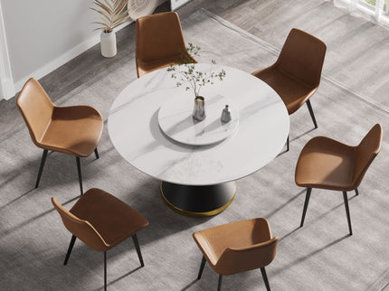 53" Modern Artificial Stone Round Carbon Steel Base Dining Table, Can Accommodate 6 People, Artificial Stone Turntable - White / Black