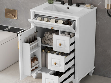 Freestanding Bathroom Vanity With Sink, 3 Drawers & Flip-Out Drawer