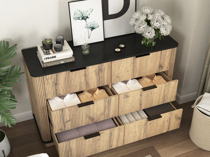 Modern 6 Drawer Cabinet With Metal Rounded Corners And Exquisite Handles Multi Functional Storage - Natural Wood