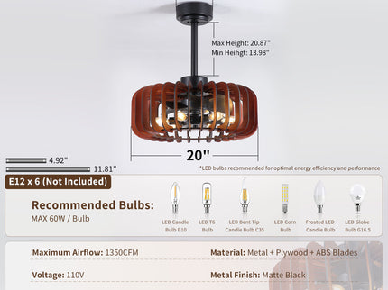 Ceiling Fan, Fandelier With 6 E12 Sockets, Reversible DC Motor, 6 Speeds, Remote Control, Adjustable Hanging - Black / Brown
