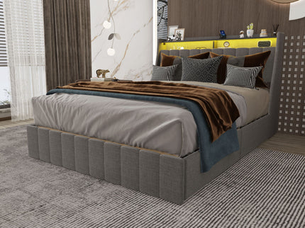 Bed With LED Lights, 4 Drawers, Winged Headboard Upholstered