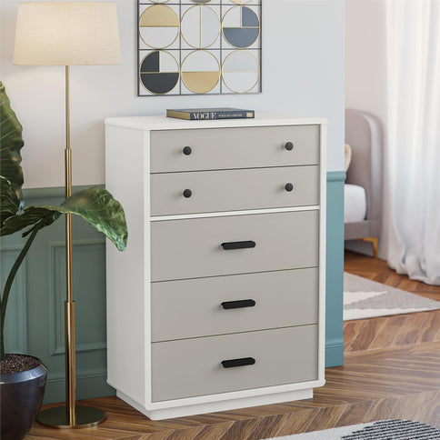 Valencia - 5 Drawer Dresser - White / Gray