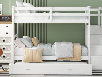 Twin Over Twin Bunk Bed With Trundle And Staircase - White