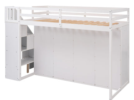 Loft Bed With 3 Shelves, 2 Wardrobes, 2 Drawers, Ladder Storage