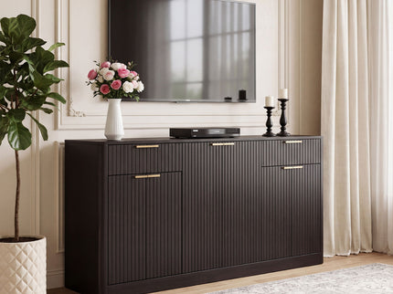 Large Fluted Buffet Sideboard, Wine Bar Storage Cabinet With 6 Doors & 2 Drawers