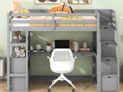 Loft Bed With Desk, Shelves, 2 Drawers, Storage Staircase