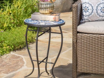 Outdoor Round Side Table With Mosaic Style Top And Curved Iron Legs - Blue / Matte Black