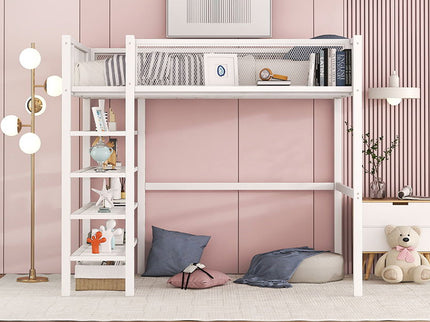 Loft Bed With 4 Tier Shelves And Storage