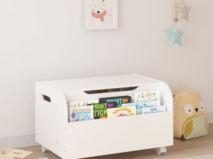 Toy Box With 4 Universal Wheels, Kids Playroom Storage Organizer With Front Bookshelf, Flip Top Lid, Safety Hinge - White