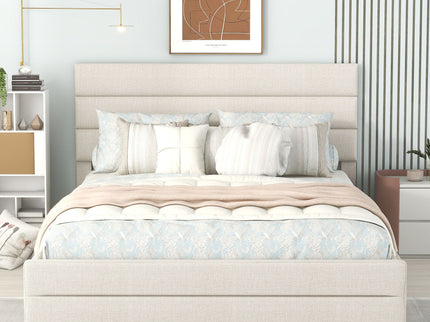 Queen Platform Bed With Twin Trundle And 2 Storage Drawers - Beige