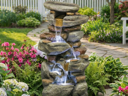 Stacked Rock Waterfall Fountain With LED Lights For Garden - Gray