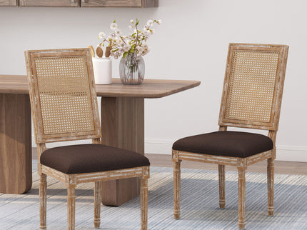 French Country Dining Chair With Rectangular Cane Backrest And Smooth Upholstered Seating