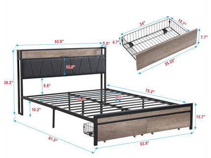 Modern Bed Frame With LED Lights, Upholstered Headboard, USB Charging