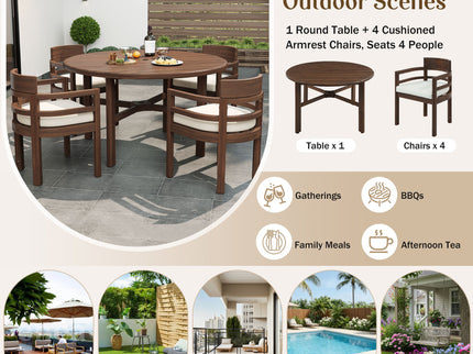 5 Piece Round Patio Table & Cushioned Armrest Chairs, Outdoor Dining Set With Umbrella Hole