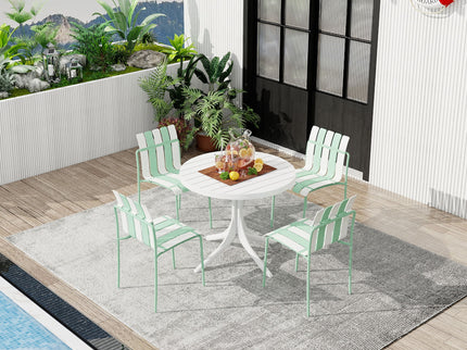 4 Piece Set Of Color Block Designed Single Chairs & Round Table - Cream White / Haze Green / White