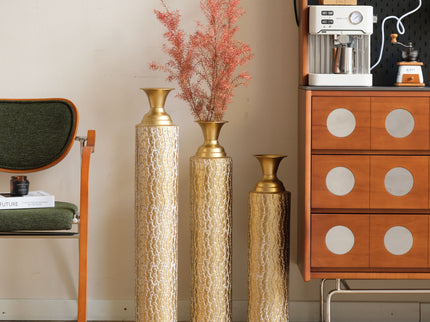 Metal Decorative Vases High Distress Metal Center Vases With Growing Vine Patterns, (Set of 3) Vases For Home Decoration - Gold