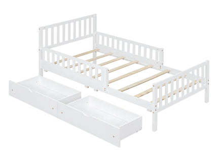 Platform Bed With Guardrails On Both Sides And 2 Storage Drawers