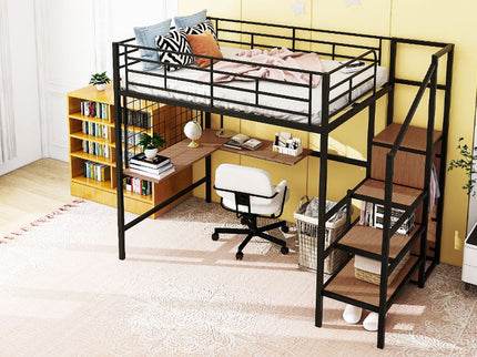 Loft Bed With Desk And Grid, Stylish Frame With Lateral Storage Ladder And Wardrobe