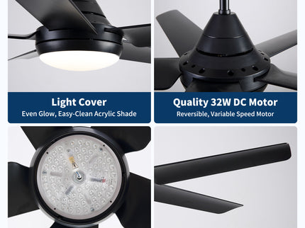 Ceiling Fan With Lights And Remote Control, Reversible DC Motor, 6 Speeds, 3 Cct Dimmable LED, Quiet Timer For Indoor - Black