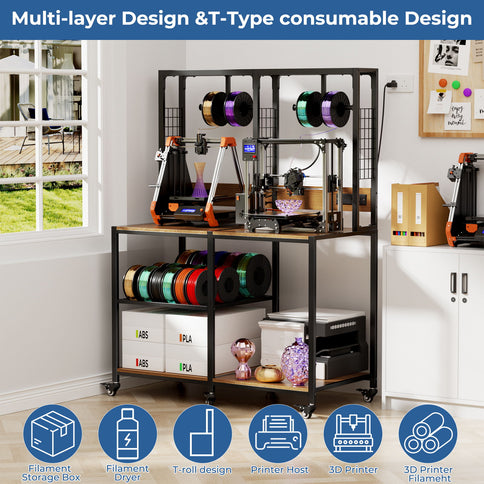 Double 3D Printer Stand With Filament Storage, T-Type Filament Holder, Lockable Wheel, Mobile Or Fixed Printer Rack For Home - Black