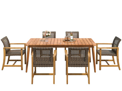 7 Piece Patio Dining Set, Slatted Table & 6 Chairs For Patio Garden - Mocha / Teak