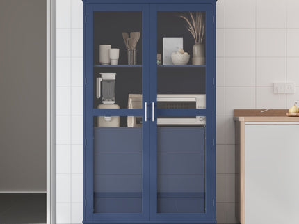 Kitchen Pantry, Freestanding Kitchen Storage Cabinet Display Cabinet With Glass Doors And 4 Built In Drawers For Living Room, Home Office - Blue