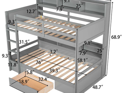 Twin Size Bunk Bed With Built-In Shelves Beside Both Upper And Down Bed And Storage Drawer