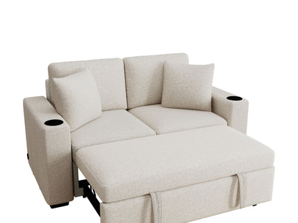 Modern 2 Seater Loveseat Sofa With Pull-Out Bed, Fabric, Built-In USB Ports & Cup Holders