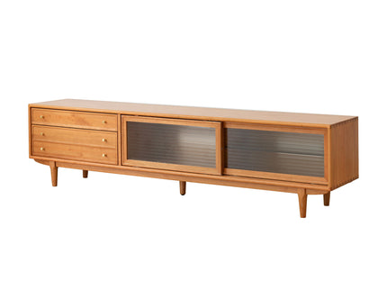 TV Cabinet With Chinese Changhong Glass Doors, Two Drawer Storage Space TV Standing - Cherry